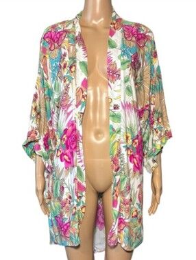 Ale-hop Floral Bird Print Lightweight Kimono Cover-up - Pink & Green